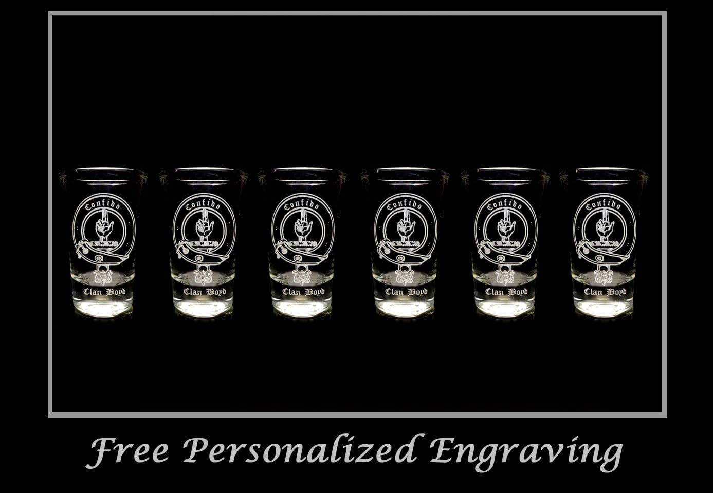 Boyd Scottish Family Clan Crest Shot Glass, Set of 6 - Free Personalized Engraving, Celtic Decor, Scottish Glass