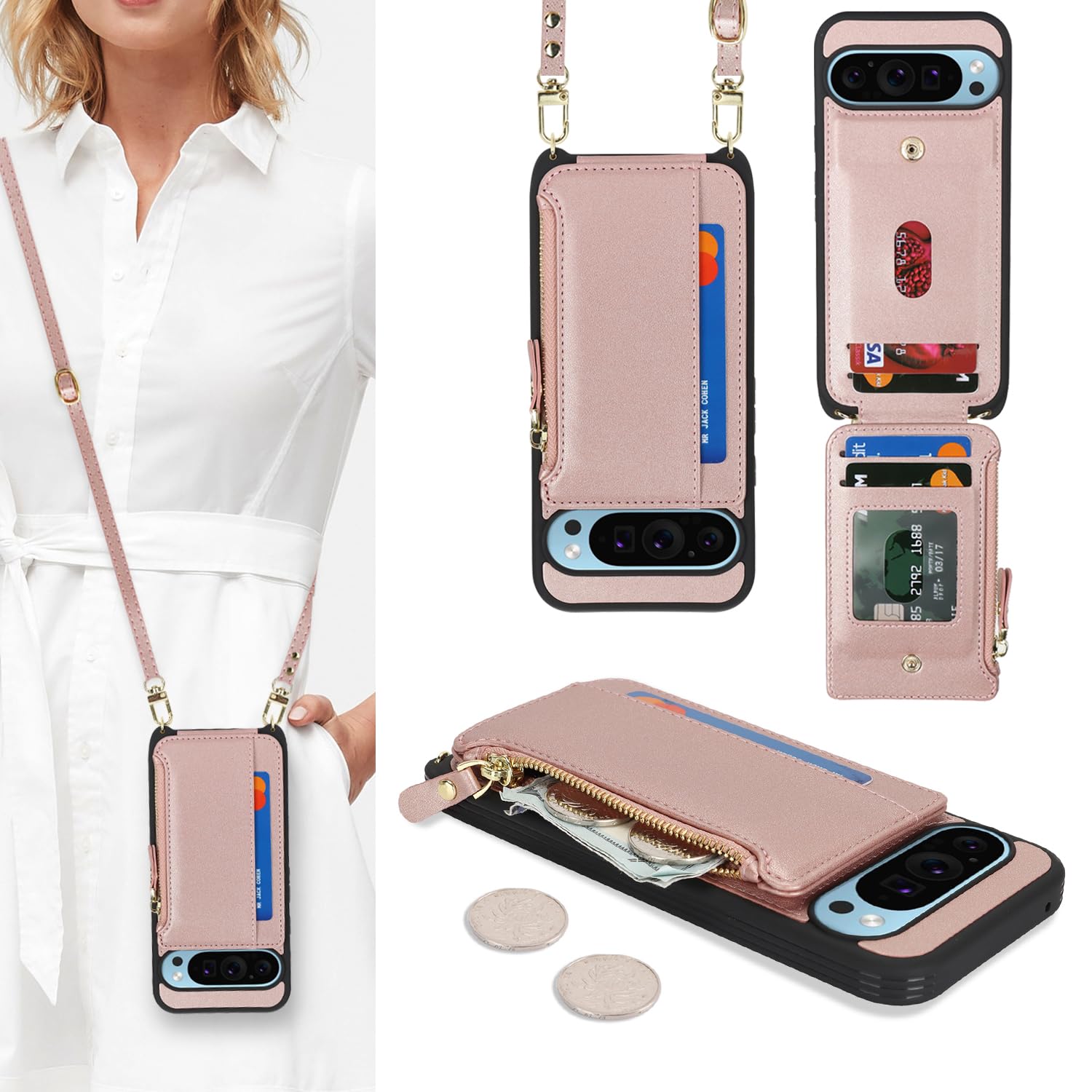 SailorTech for Google Pixel 9 Pro XL Phone Case with Credit Card Holder for Women, Google Pixel 9 Pro XL Leather Case Wallet Crossbody with Card Slots Zipper Shockproof Case for Men-Rose Gold