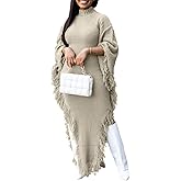 SHINFY Women Fall Batwing Sleeves Sweater Dress Tassel Fringe High Slit Bodycon Ribbed Knit Elegant Midi Dresses
