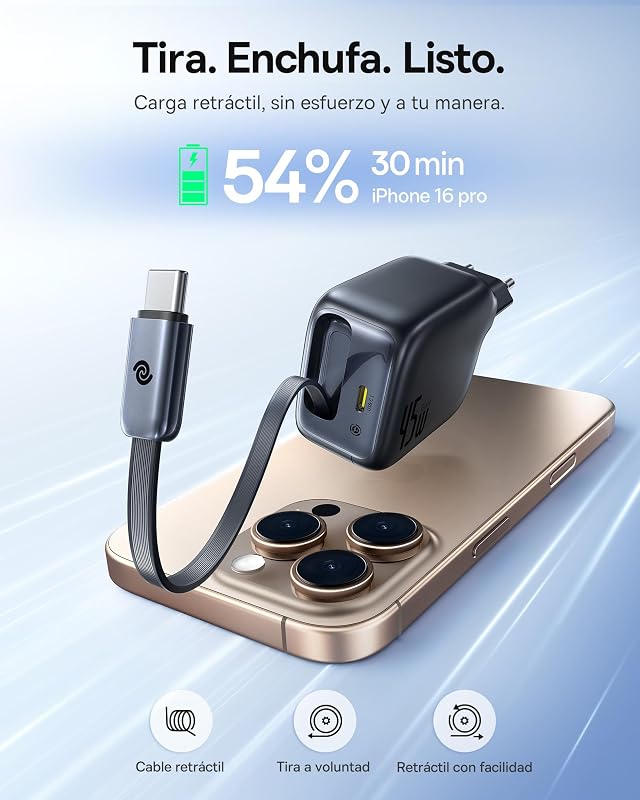 Carregador USB-C de 45W, Baseus Enercore com cabo USB-C retrátil, carregamento rápido PPS para Samsung Galaxy S25 Ultra/S24/S23+/S23/S22/Note20, iPhone 16/15, iPad, Pixel, Compatível com dispositivos USB-C
