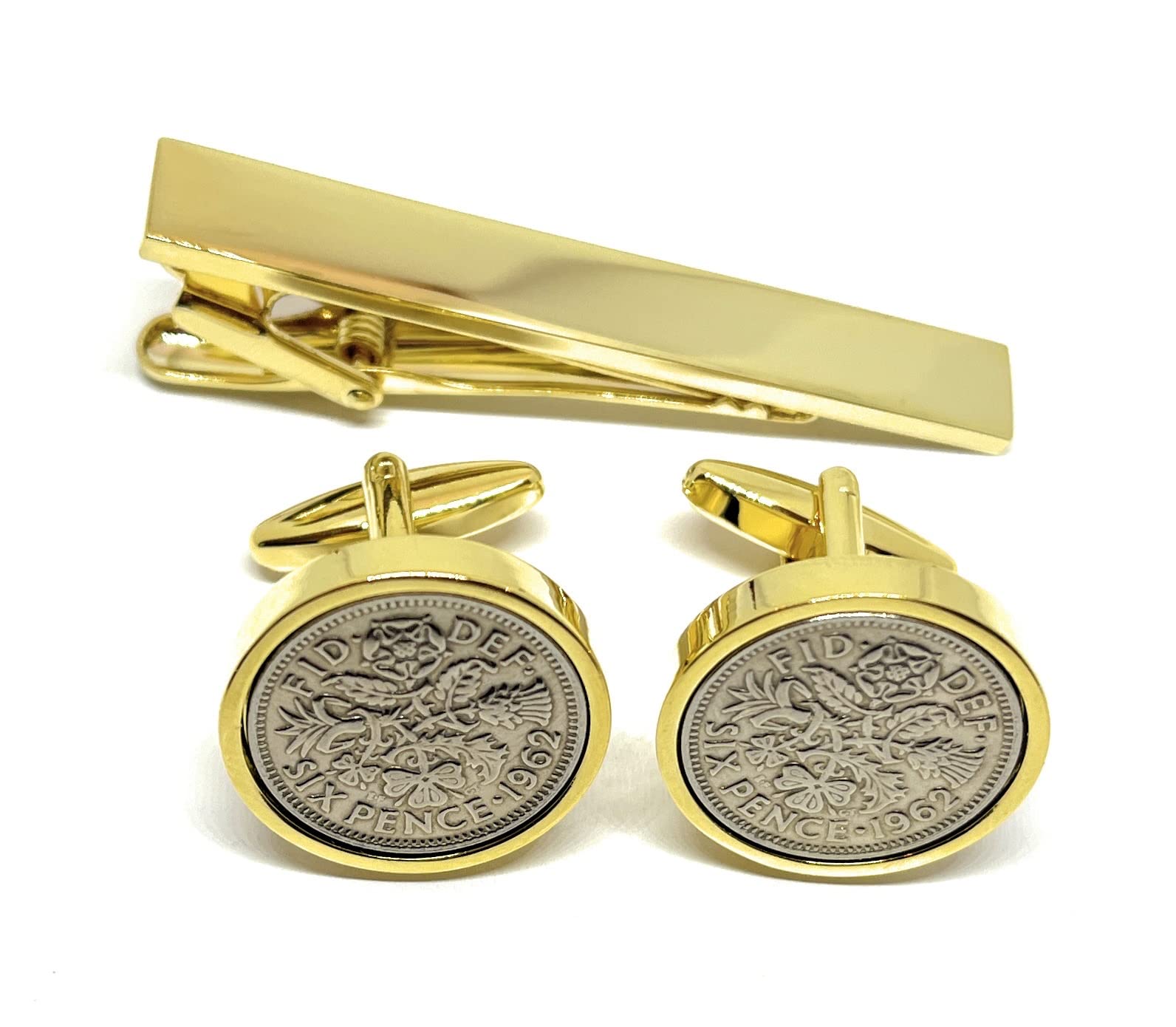 Premium 1962 Lucky sixpence cufflinks for a 64th Birthday cufflinks and Gold Plated Tie Clip Set