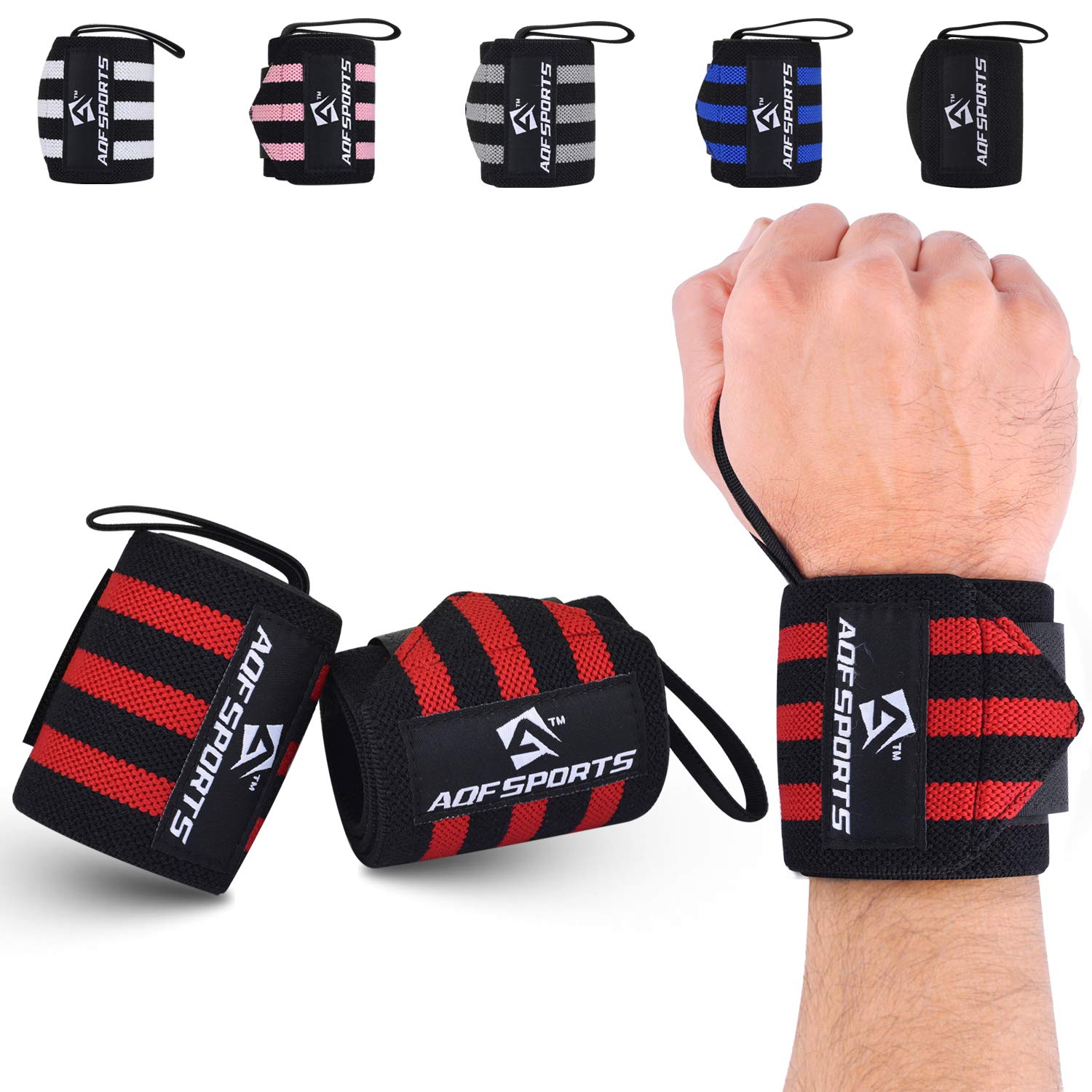 AQF 18” Wrist Wraps Supports Heavy Duty Weightlifting Gym Training Fist Straps with Thumb Loop (Red & Black)