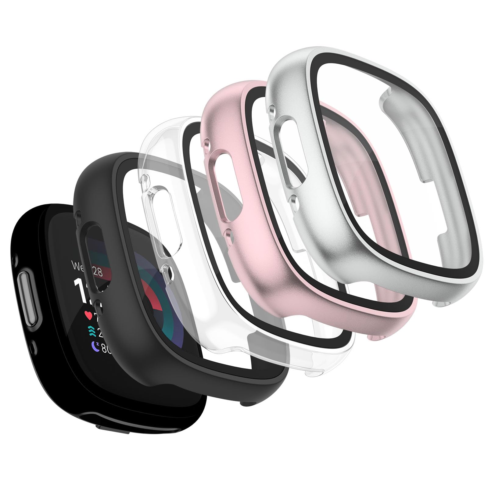 Zoye 4 Pack Screen Protector compatible with Fitbit Versa 4, Fitbit Sense 2,Hard PC All-Round Protective Tempered Screen Cover Case (Black/Transparent/Silver/Gold)
