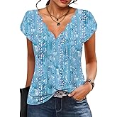 Womens Summer Tops Seashell Edge V Neck Shirts Petal Short Sleeve Top Dressy Casual Tunic Blouses