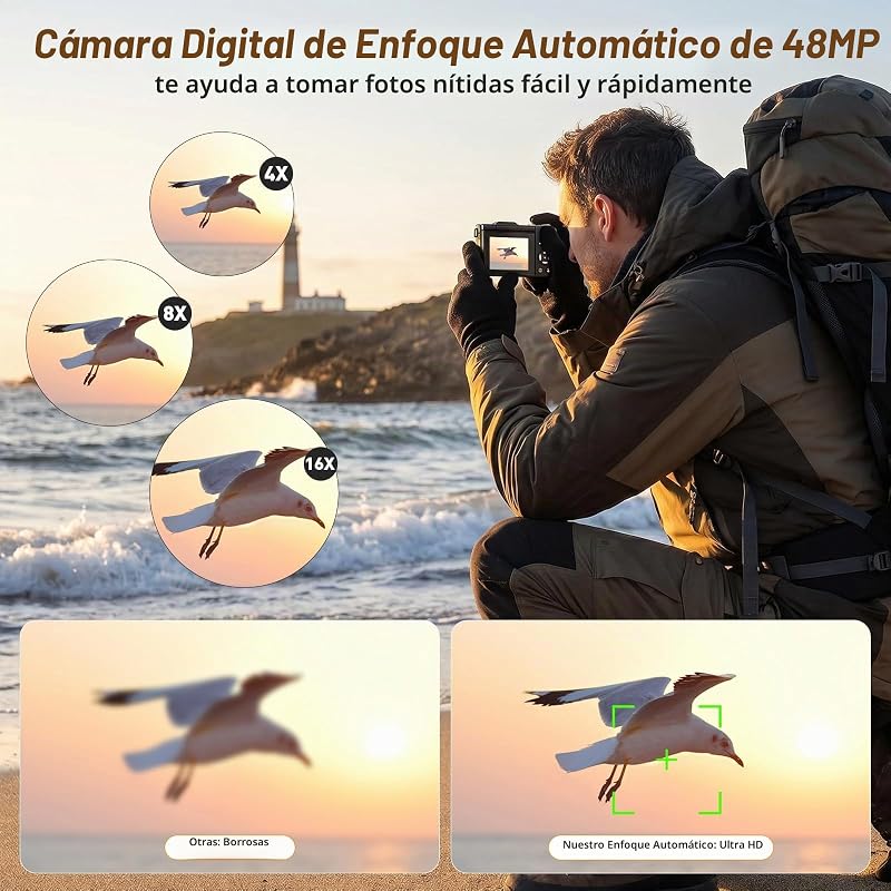 Câmara Fotográfica 4K 48MP Câmara Digital Compacta com Zoom 16X 2,8" Câmara Portátil Compacta LCD com Cartão 32GB para Crianças Iniciantes Adultos (Preto) — foto 4 de 7