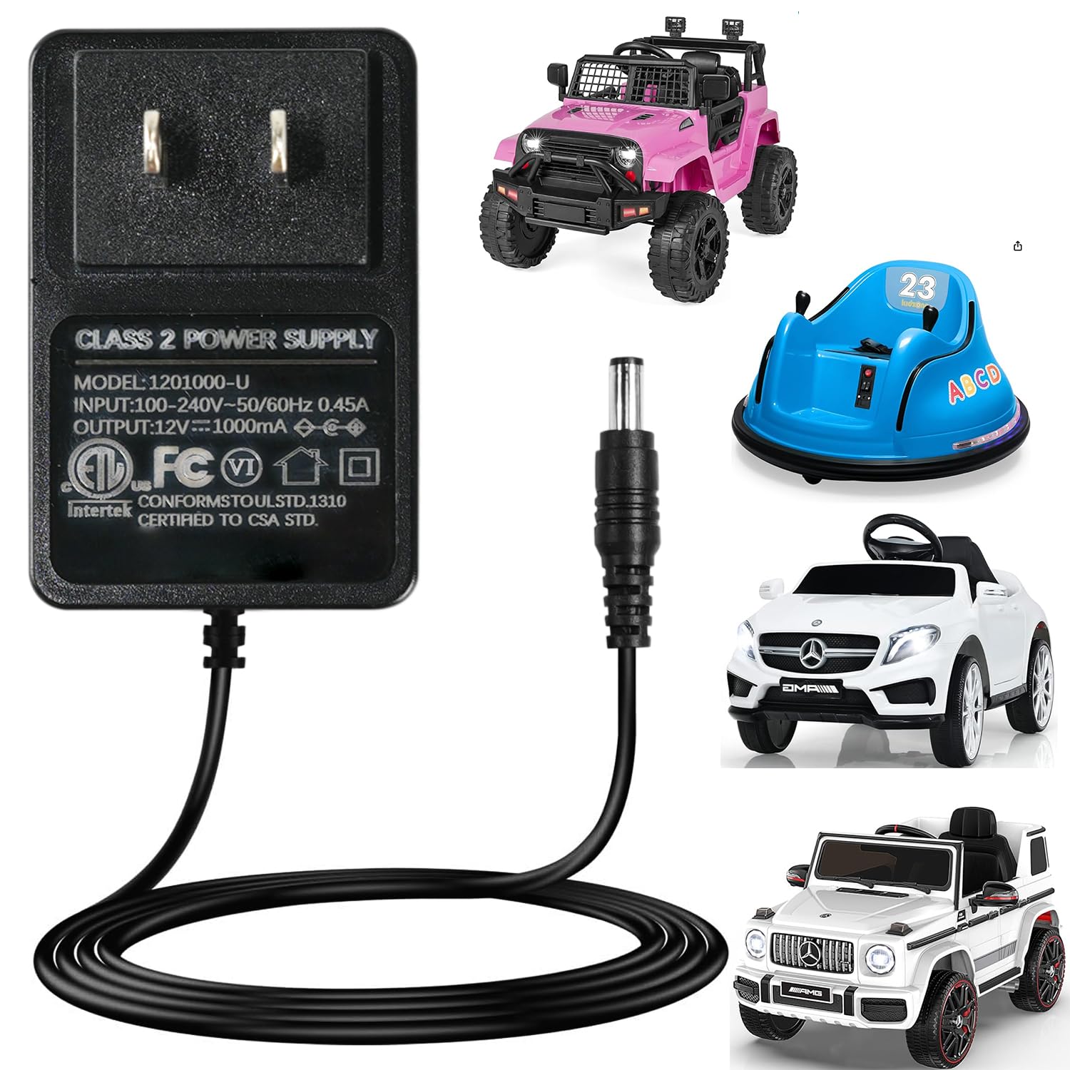 Photo 1 of 12V Battery Charger for Kidzone Bumper Car,12 Volt Charger for Kids Ride On Toys Compatible with Best Choice Products,Wrangler SUV,Kid Trax Dynacraft,Jeep,Class 2 Power Supply with ETL Listed