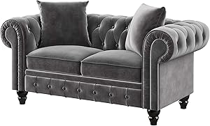 Tufted Velvet Upholstered Loveseat(2 Piece Sectional Sofa Set) and 3 Seat Sofa Classic Chesterfield Sofa Set, 5 Pillows Included Combo-Grey (Grey -2seat)