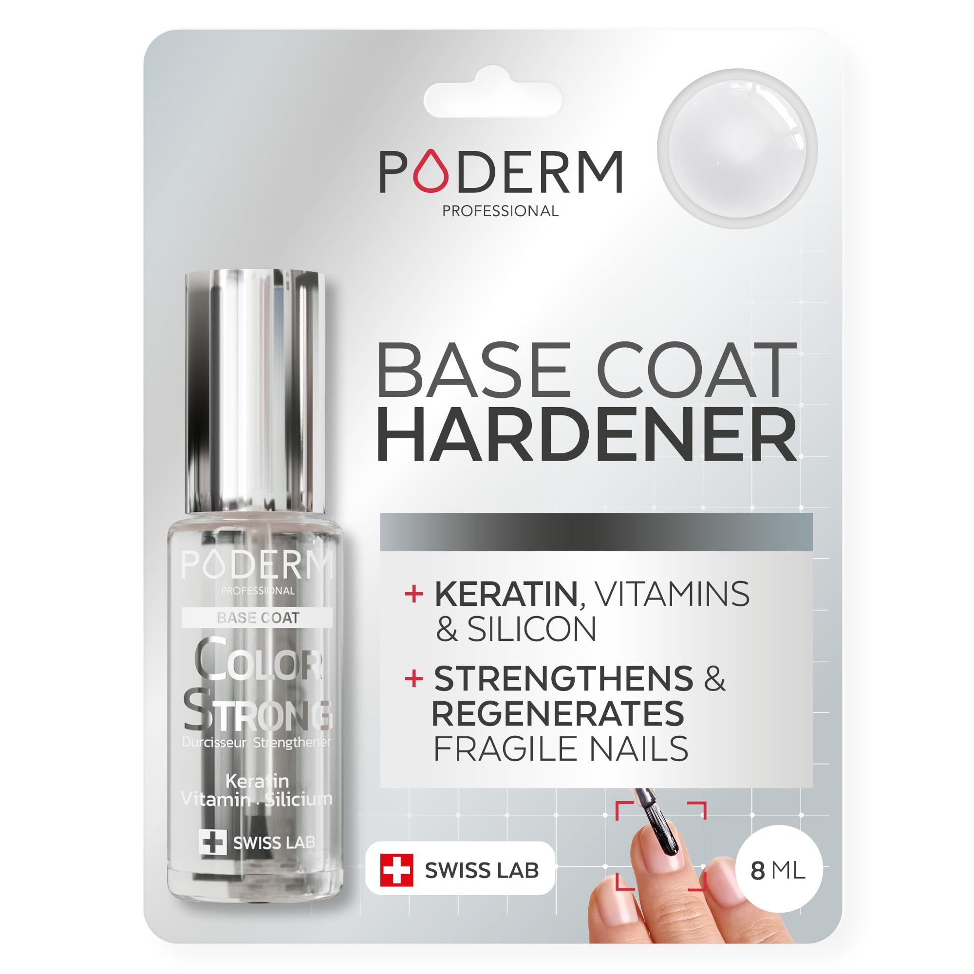 PODERM Nail Strengthener Polish - Base Coat | Repairs and Strengthens Nails Damaged & Weakened by Semi-Permanent Nail Polish | Biotin, Silicon and Keratin | Developed by a Podiatrist in Switzerland