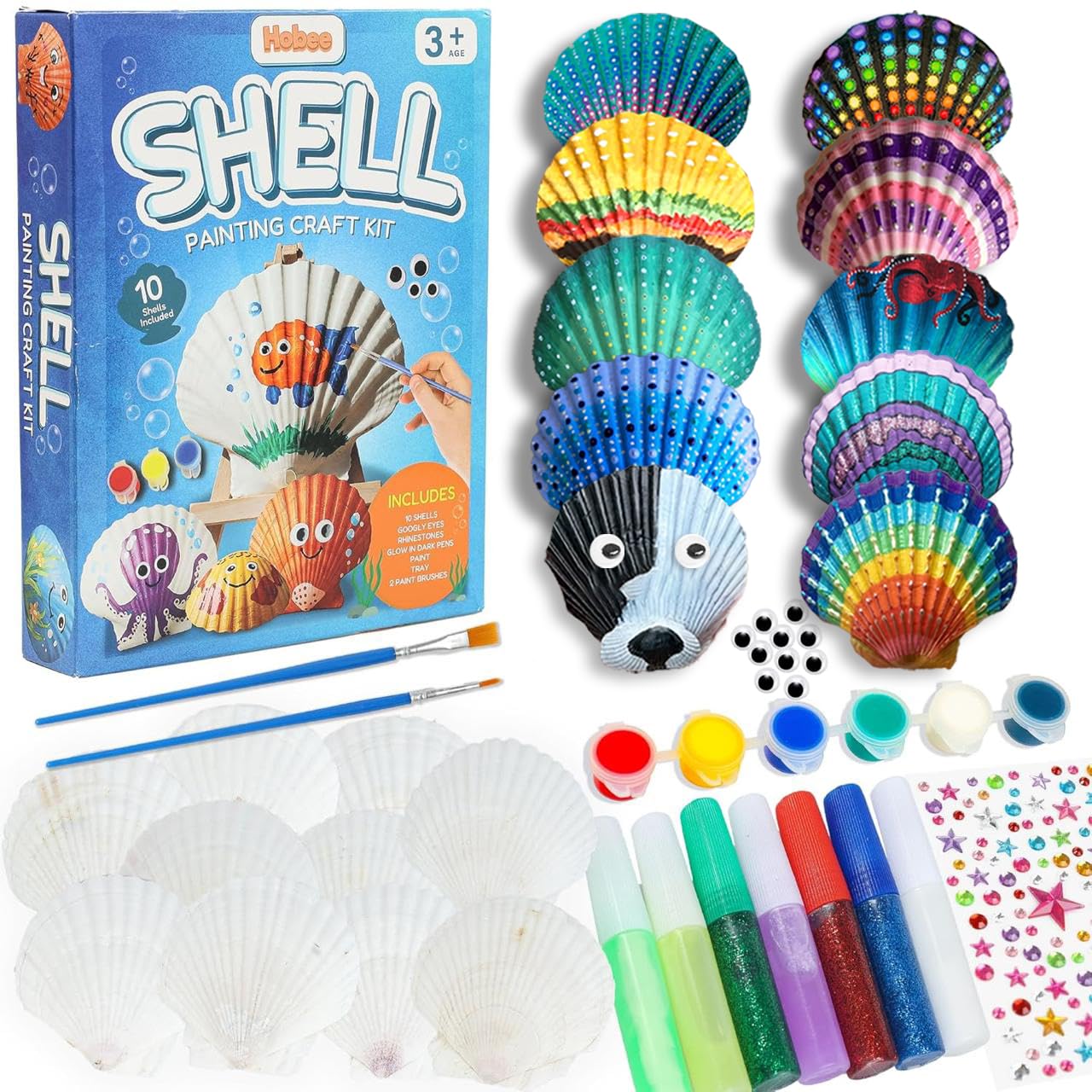 Hobee Sea Shell Painting Arts and Crafts Kit for Kids Aged 4 5 6 7 8 9 10 11 12 Year Old, Creative DIY Birthday Easter Gift For Girls and Boys, includes 10 Large Natural Shells