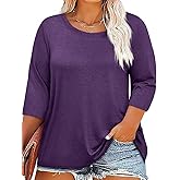 ZDC Women's Plus Size Tops 3/4 Sleeve Crew Neck T Shirts Loose Fit Tee Tunic Casual Blouse