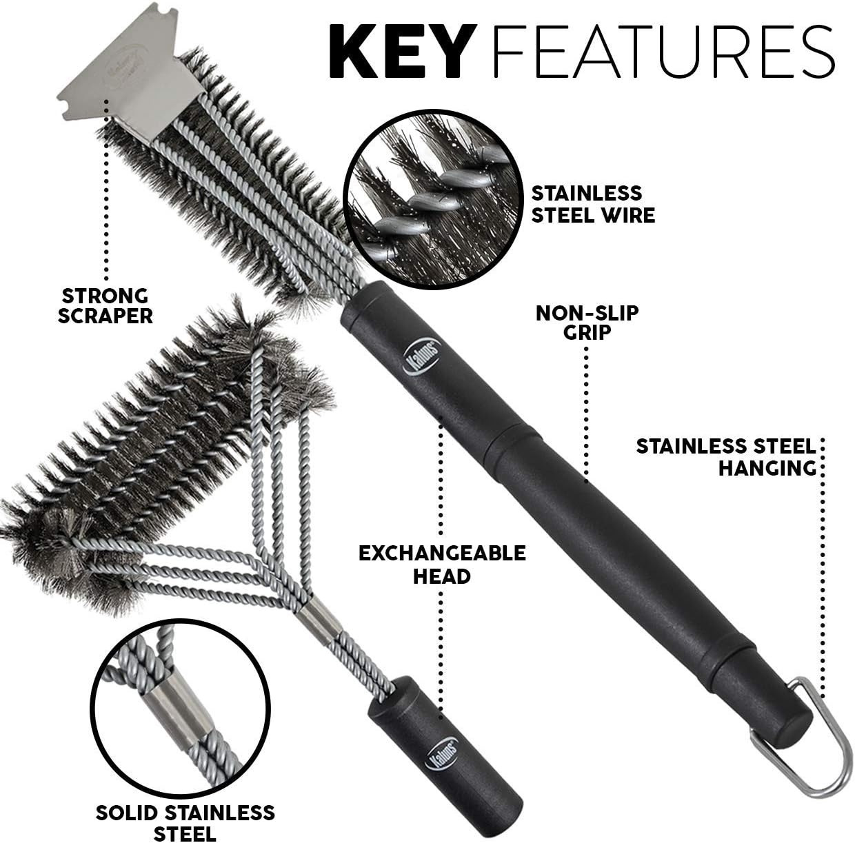 Kaluns Grill Brush, BBQ Grill Brush, Grill Brush and Scraper Set, Includes Two Brush Heads, one Removable 18" Long Handle, Stainless Steel Durable Wire Bristles, Cleaning Tool for All Barbeques: Kitchen & Dining