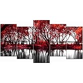 LevvArts - Black and White Red Canvas Wall Art Red Tree Forest by Lake Pictures Autumn Landscape Painting Modern Home Decor Giclee Artwork Stretched and Framed Ready to Hang