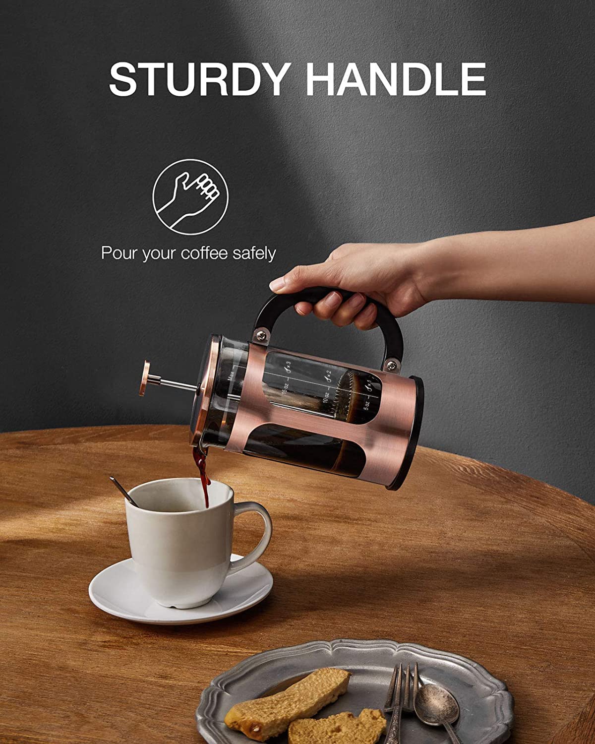 BAYKA French Press Coffee Maker, Borosilicate Glass and Stainless Steel Coffee Press, Cold Brew Coffee Brewer Tea Press, Bronze, 600ml