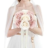 HOMENERGY Wedding Bouquets for Bride - Artificial Bridal Flowers Bouquet with Fake Peals Pre-Made Fake Rose Bridesmaid Bouquet for Wedding Centerpieces Decorations - Champagne White and Blush