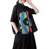 ellazhu Women's Shirt Button Down Floral Casual Loose Short Sleeve Lapel Straight Hem GZ364 Black