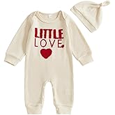 Kuriozud Newborn Baby Boy Valentines Day Outfit Little Love Letter Embroidery Romper Waffle Bodysuit Jumpsuit with Hat Set