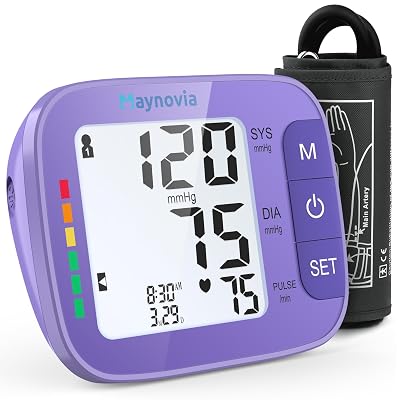 Maynovia Upper Arm Blood Pressure Monitor with Wide Cuff, Automatic Digital BP Machine for Home Use, Large Backlit Display, Irregular Heartbeat Detection, Includes Storage Bag & 2×60 Memory (Purple)