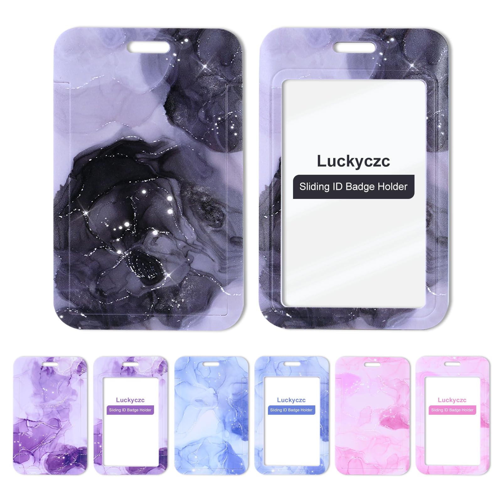 Photo 1 of 2 Pcs Vertical ID Badge Holder, Sliding Hard Plastic Card Protector for Office School Nurse Credit Cards Proximity Key Passes (Black Marble, 2 Pcs)