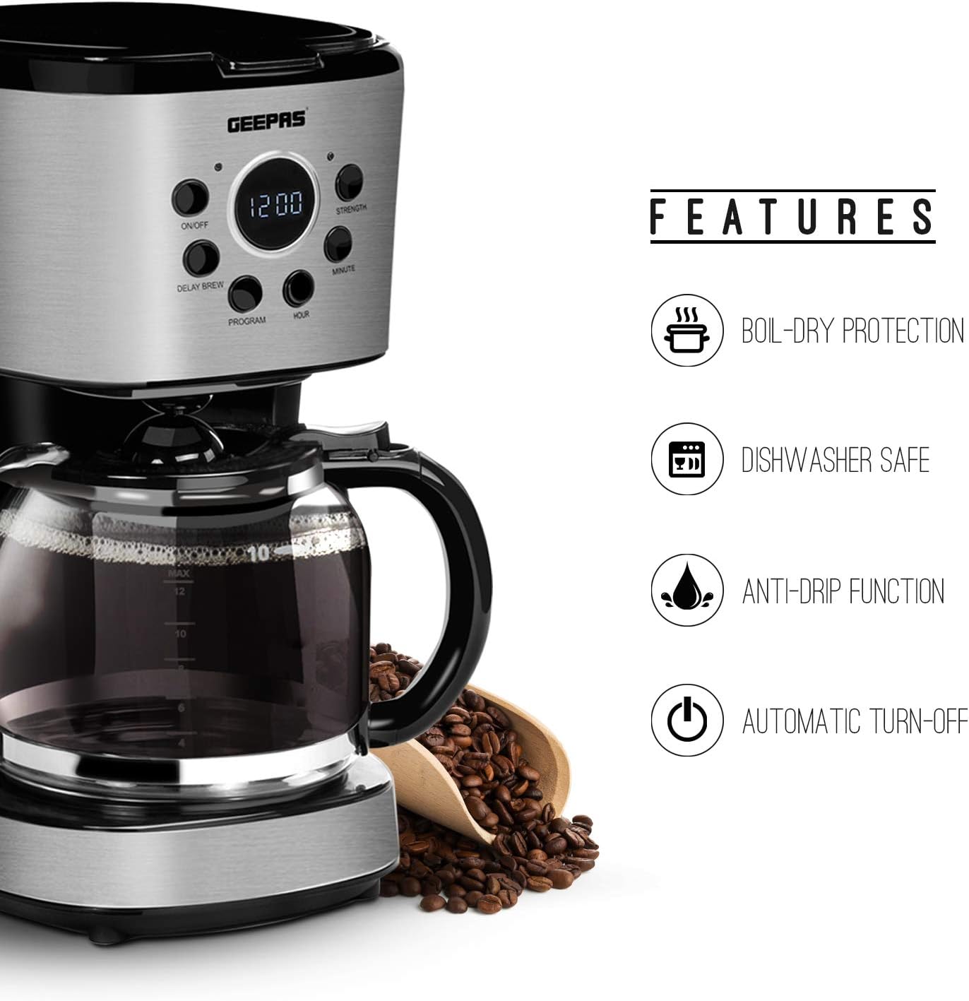 GEEPAS 1.5L Filter Coffee Machine, Black & Silver, Digital - Image 3