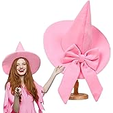 Jamntower Pink Bow Witch Hat Accessories Halloween Pink Coquette Witch Wool Felt Hat for Women Wide Brim Wizard Cap for Halloween Costume Cosplay Masquerade Party Supplies