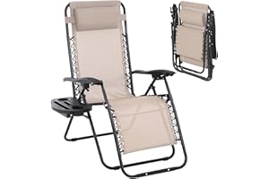 DKELINCS Zero Gravity Chairs Patio Lounge Chairs Outdoor Beach Chair with Pillow and Cup Holder, Adjustable Folding Reclining Lawn Chair Pool Chairs for Outdoor Pool Side Camping Yard Beach (1, Tan)