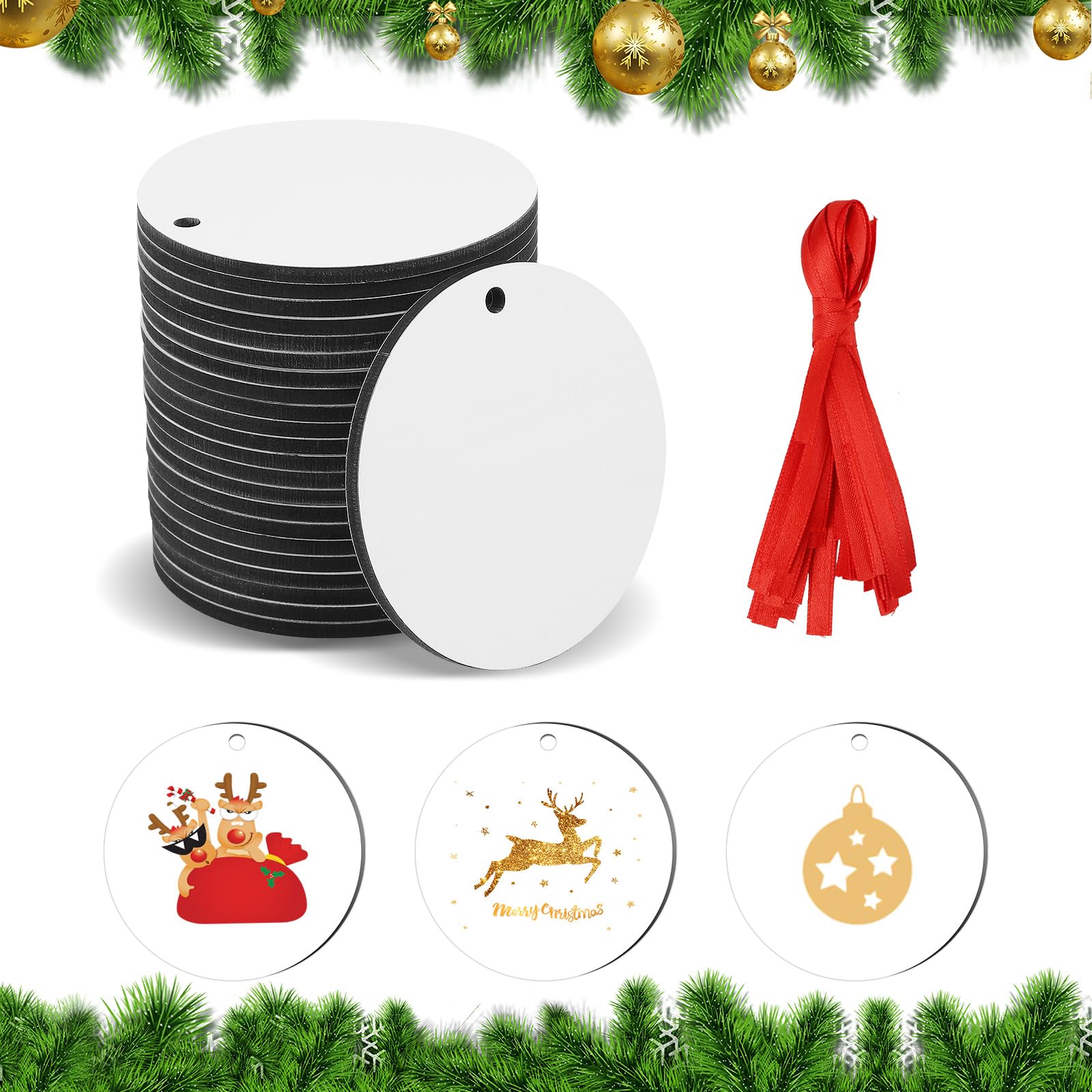SAVITA 25pcs Sublimation Blank Pendants, 2.83inch MDF Personalized Sublimation Pendant Round Blank Discs Halloween Christmas Ornaments DIY Creation Supplies