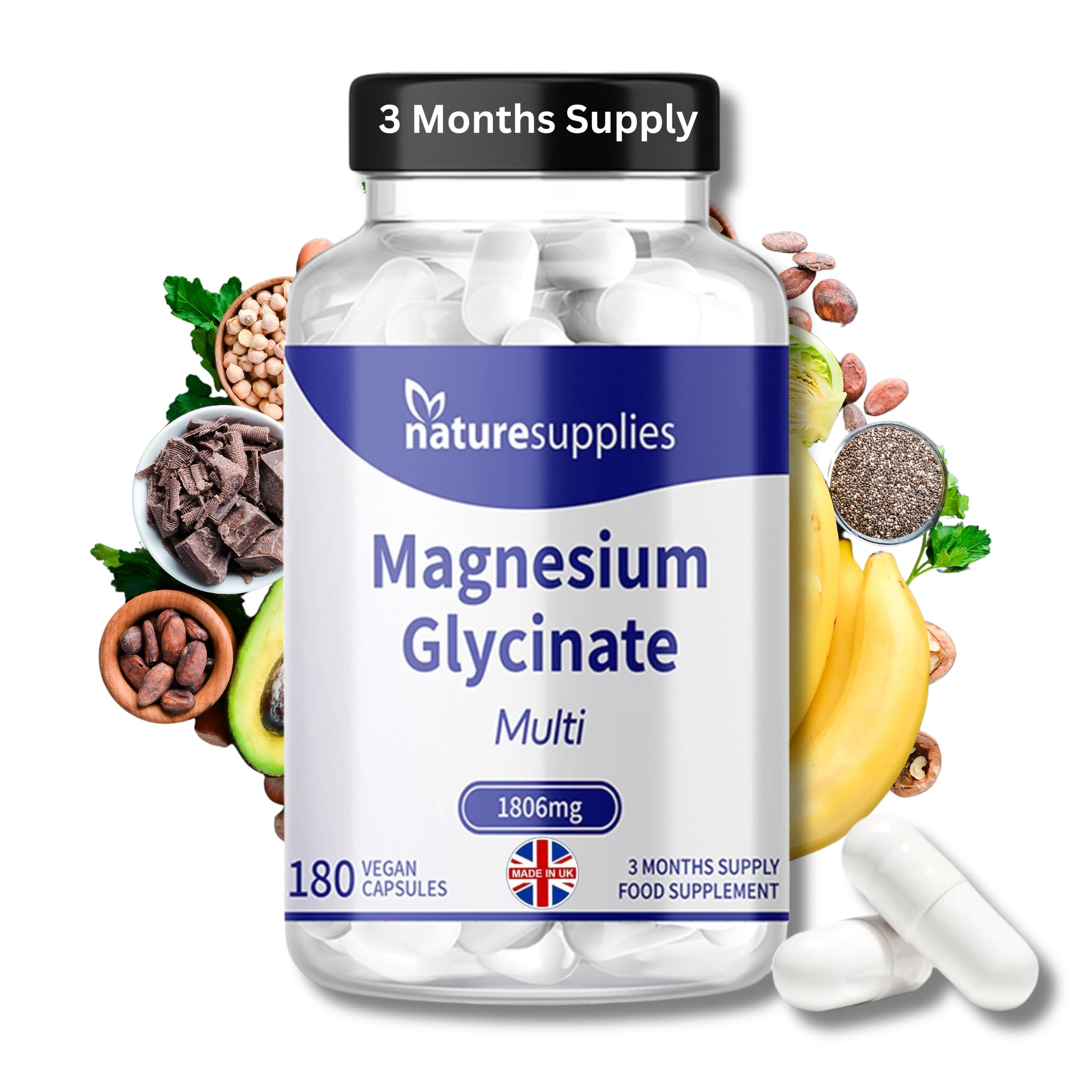 Magnesium Glycinate Supplements 1806mg Vegan 180 Capsules, High Absorption Magnesium Bisglycinate, Citrate, Malate & Ascorbate, High Strength Magnesium Supplements for Sleep Support, Naturesupplies