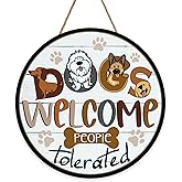 Bolisom Dogs Welcome People Tolerated Front Door Sign, Funny Bone Paw Print Wood Hanger Outdoor Outside Porch Home Decor Pet Owner Lover Gift, Farmhouse Wooden Wreath Indoor Wall Hanging Decoration