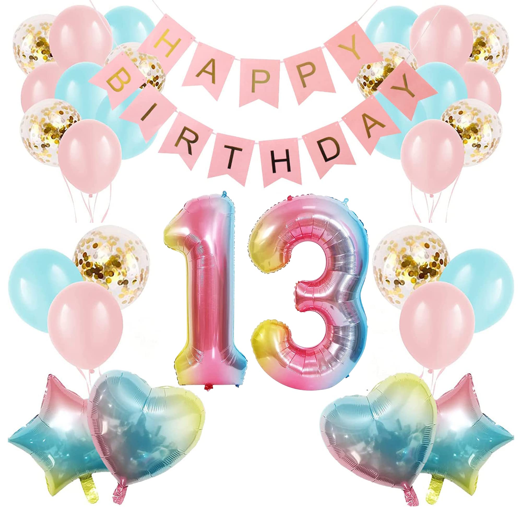 Apradas Baby Girl 13th Birthday Decor Gradient color Age 13 Balloons with Happy Banner for showers Thirteenth Party Supplies Girls Boys (13rd-Birthday), Medium (BL-248)