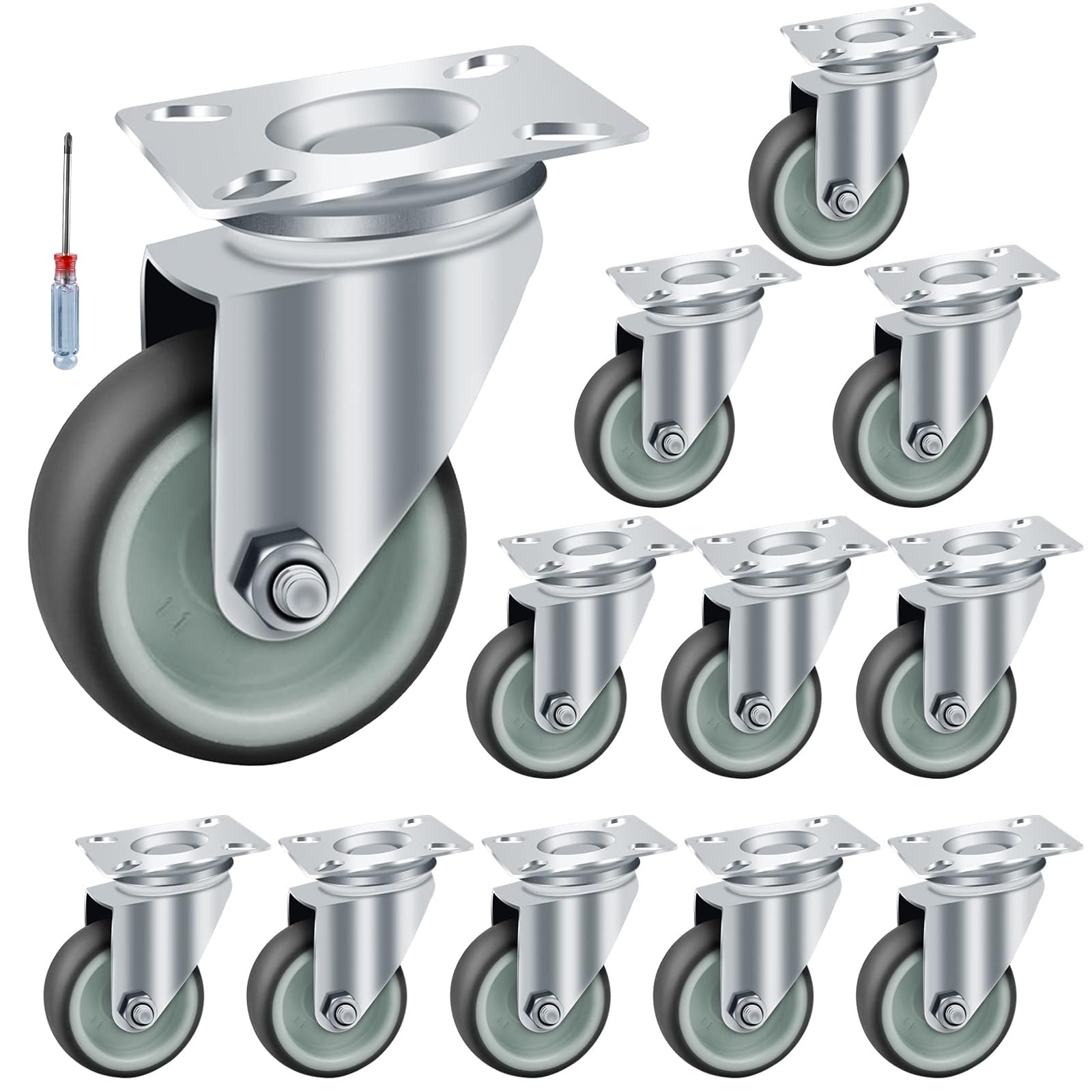 Set of 12 Swivel Castor 50mm 2inchTransport Rollers Heavy Duty Castors/Wheels 50 kg per Polypropylene Galvanised Steel Panel for Furniture Trolley Table