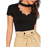 OYOANGLE Women's Summer Scallop Trim Short Sleeve V Neck Slim Fit Blouse Top Shirts