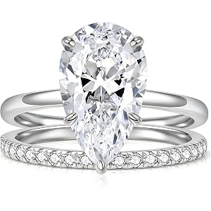 PCAOVIVAR 5CT Elongated Pear Shaped Cut Engagement Ring Set for Women | Wedding Promise Cubic Zirconia Band, 14K Gold/White G
