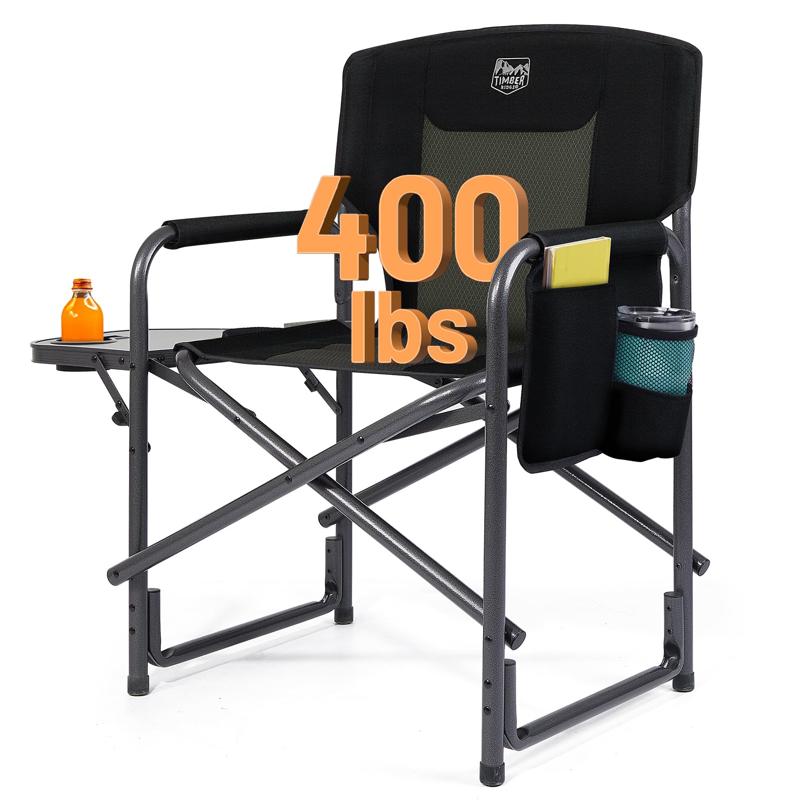 Photo 1 of TIMBER RIDGE Aluminum Oversized Camping Chair, Lightweight Portable Directors Chair with Side Table Detachable Side Pocket for Outdoor Camping, Lawn, Picnic, Support 400lbs Black
