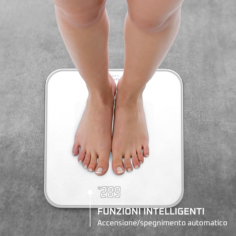 Classic 2.0, Bilancia con Schermo Invisibile LED Facile da Leggere, Capacità 180kg, Design Moderno e Funzioni Intelligenti, AutoAccensione e Spegnimento Automatico, Colore Bianco, BS1901V1