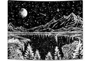 Simpkeely Black and White Starry Night Mountain Moon Stars Tapestry for Bedroom Living Room - 51 x 59 inches