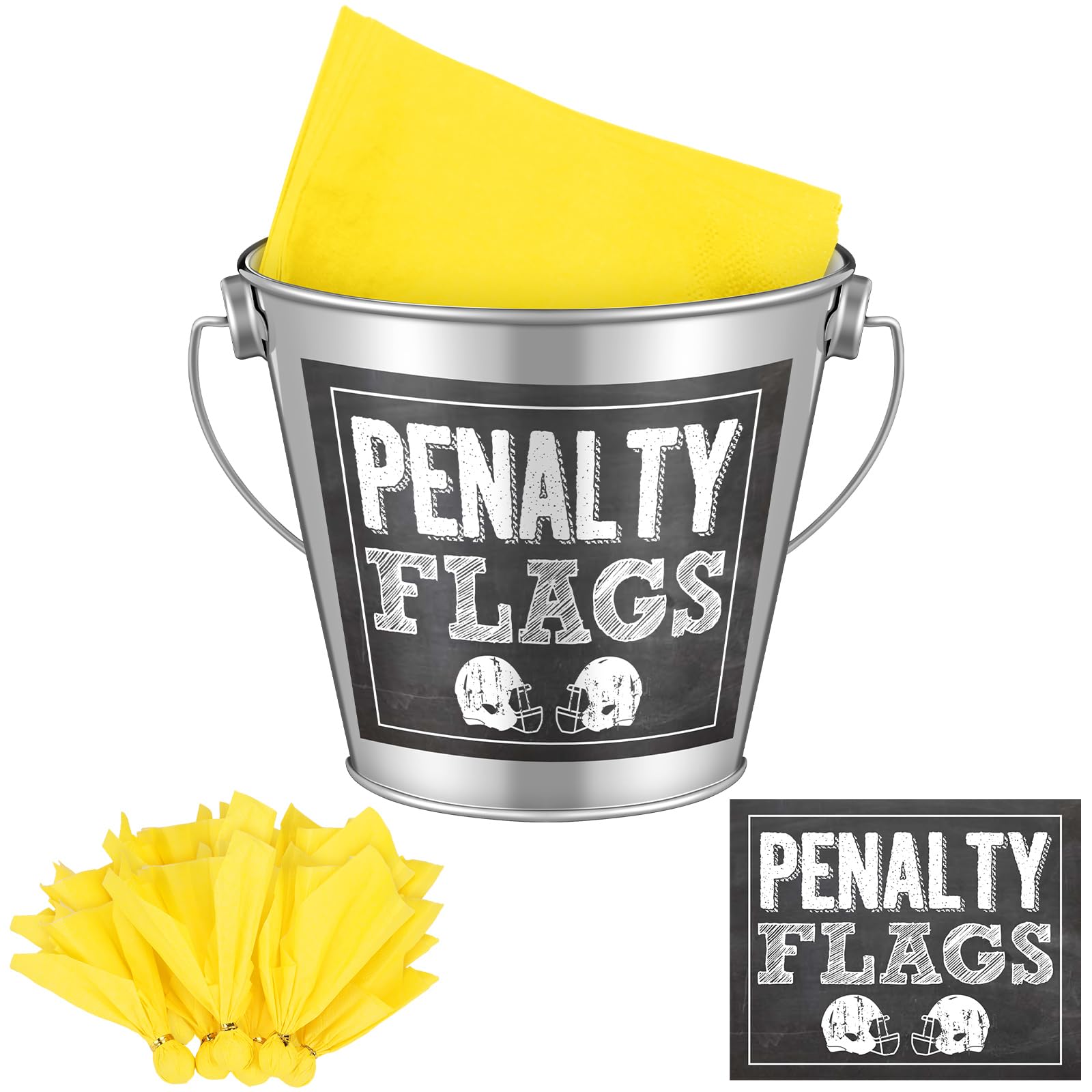 Photo 1 of 50 Pcs Football Party Supplies Penalty Flags Napkins Yellow Referee Flag with Bucket, Penalty Flag Sticker for Football Game Party Decor Ga Tailgating Referee Accessory