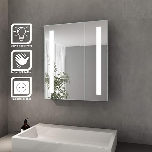 Sonni Spiegelschrank Led 2 Turig Badezimmerspiegel Mit Beleuchtung 60 X 70 Cm Kaltweiss Infrarot Sensorschalter Badschrank Mit Rasierersteckdose Amazon De Kuche Haushalt