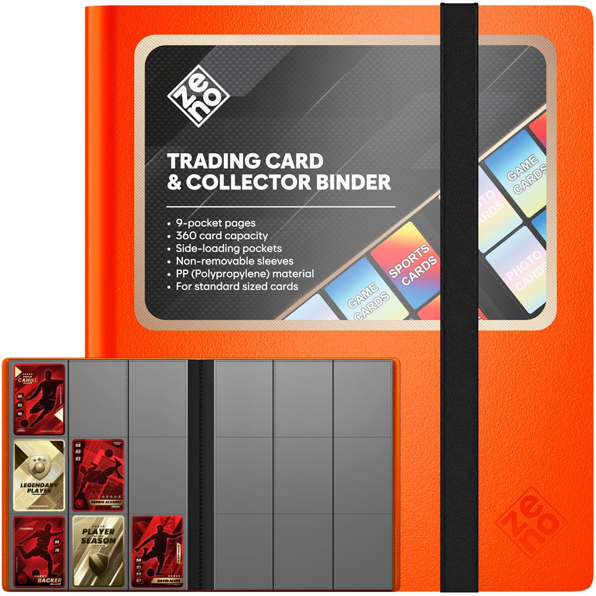 Trading Card Binder 9 Pocket, Card Collection Binder with 360 Capacity, Side Loading Nonremovable Sleeves, Durable PP (Polypropylene) Material for Standard Size Trading Cards TCG Sports Cards - Orange