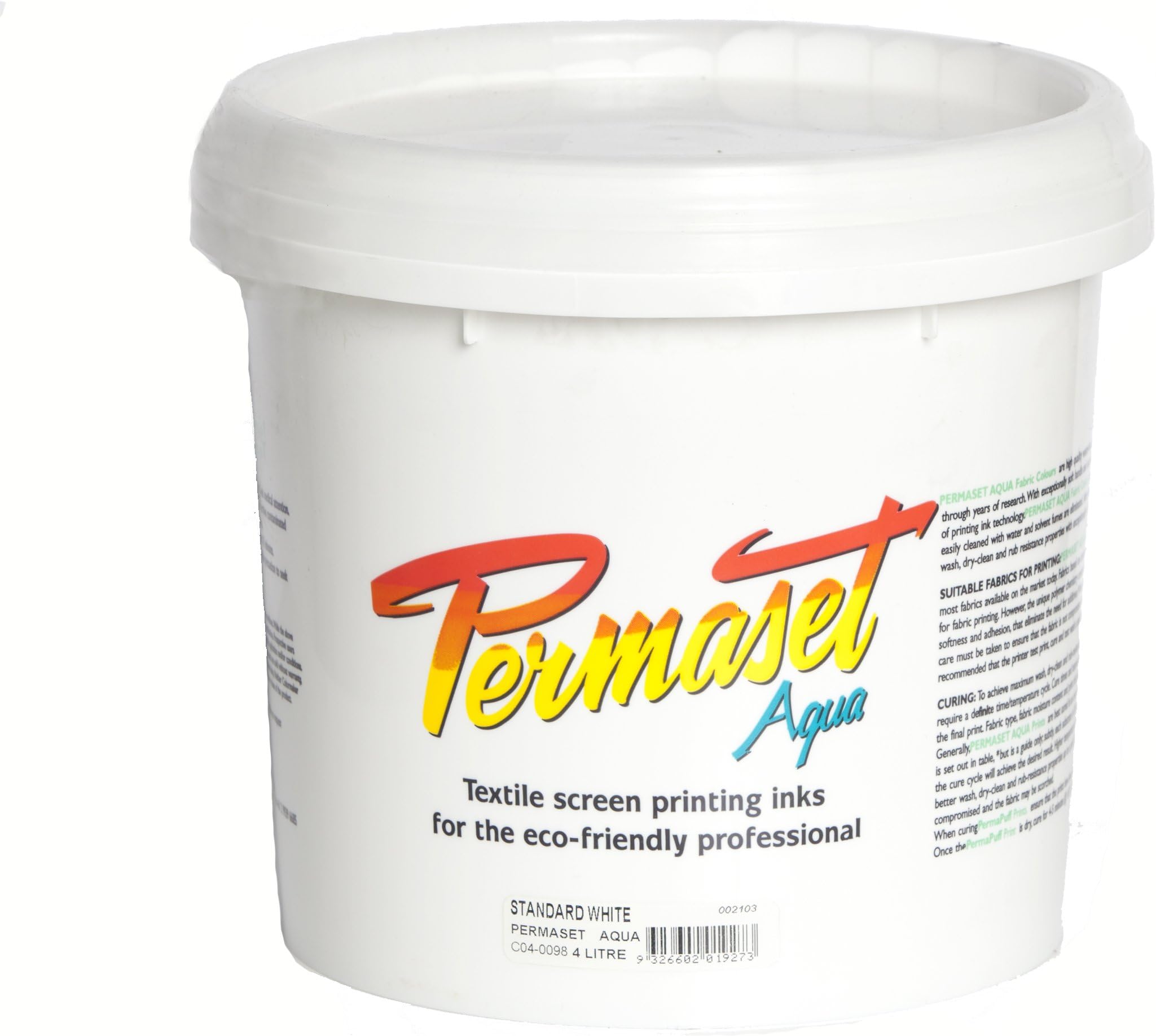 Permaset Aqua Standard 4 litres Standard White - Screen Printing Ink for Fabric - Ideal Screen Printing Kit for Home Office, Starter Kit, Fabric Paint, Screen Printer and Other Fabric Ink