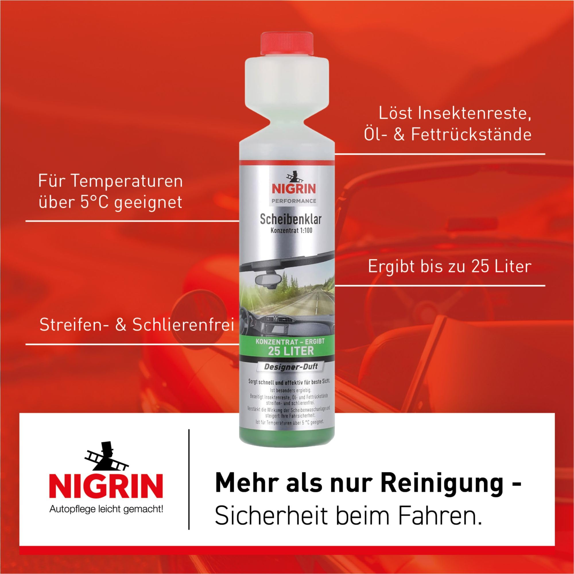 NIGRIN Performance Scheibenklar Konzentrat 1:100 Designer Duft | 250 ml | Reinigungszusatz für Autoscheiben und Scheinwerfer | entfernt Insekten, Öl, Fett | schlierenfrei | sehr ergiebig | ab 5°C 6