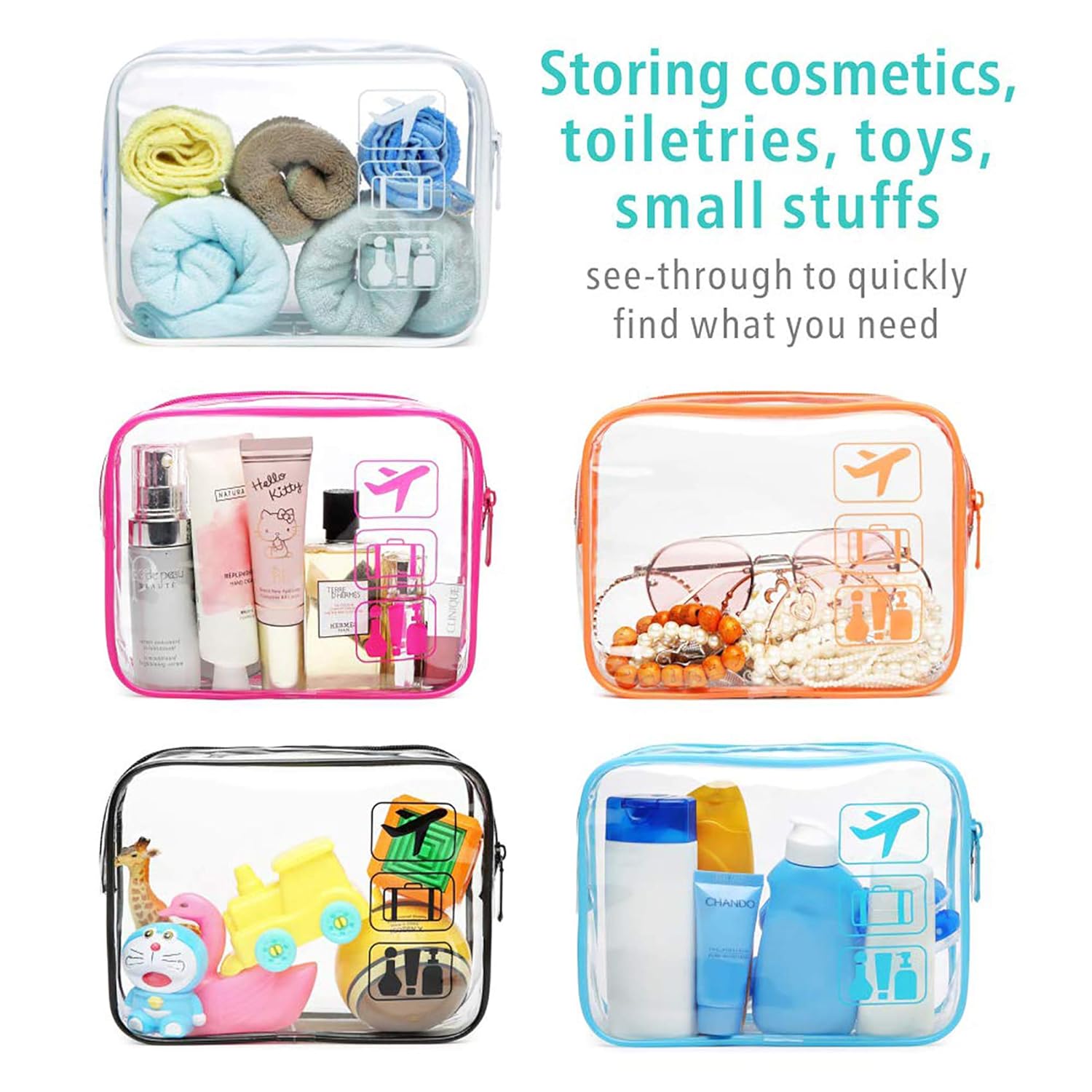 Clear Toiletry Bag, F-color 5 Pack TSA Approved Toiletry Bag Quart Size Bag, Travel Makeup Cosmetic Bag for Women Men, Carry on Airport Airline Compliant Bag, Black, White, Blue, Orange, Rose Red : Beauty