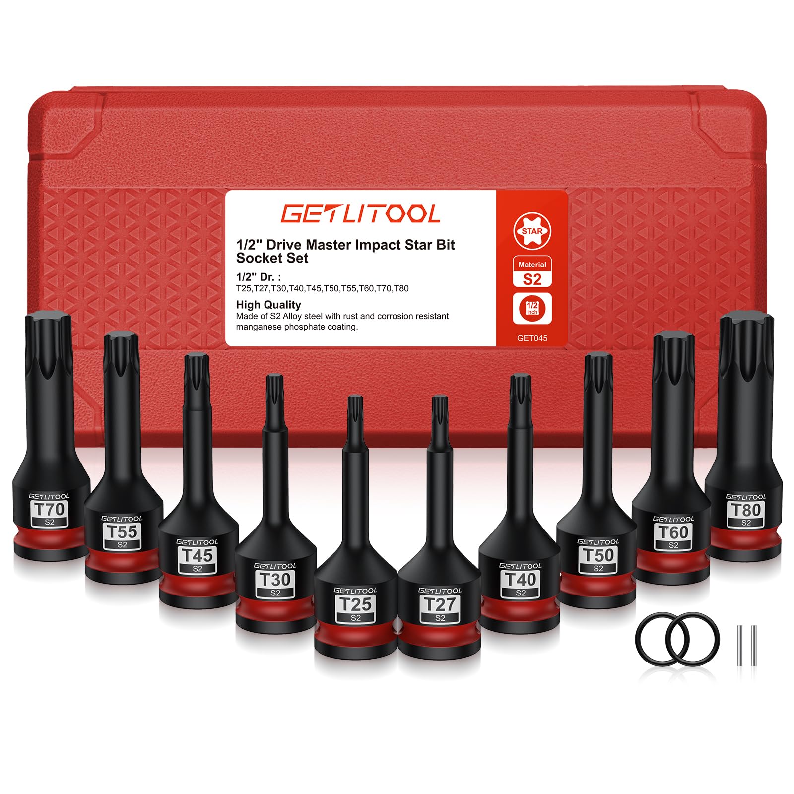 GETLITOOL 1/2" Kraft Torx Bit Schlagschrauber Nüsse Satz, 10tlg S2-Stahl Bit Einsatz Satz T25 - T80, Länge 78 mm Steckschlüsselsatz für Torx Schrauben