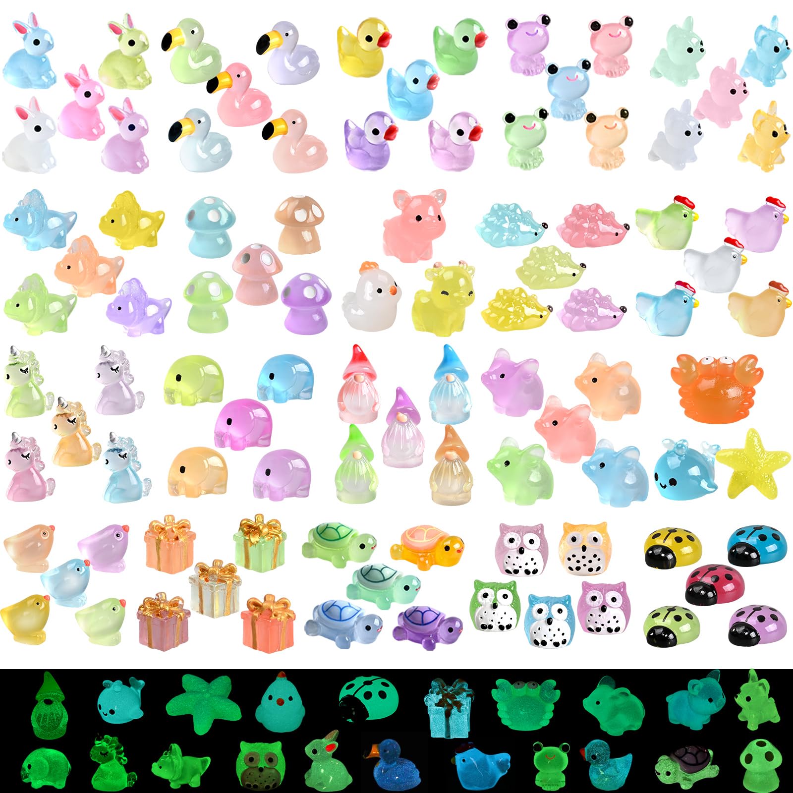Photo 1 of 152 Pcs Tiny Mini Resin Animals Luminous Small Little Plastic Animals Variety Pack Bulk Miniature Figurines Figures Ducks Turtle Owl Frog Dog 96 Styles Garden Decor