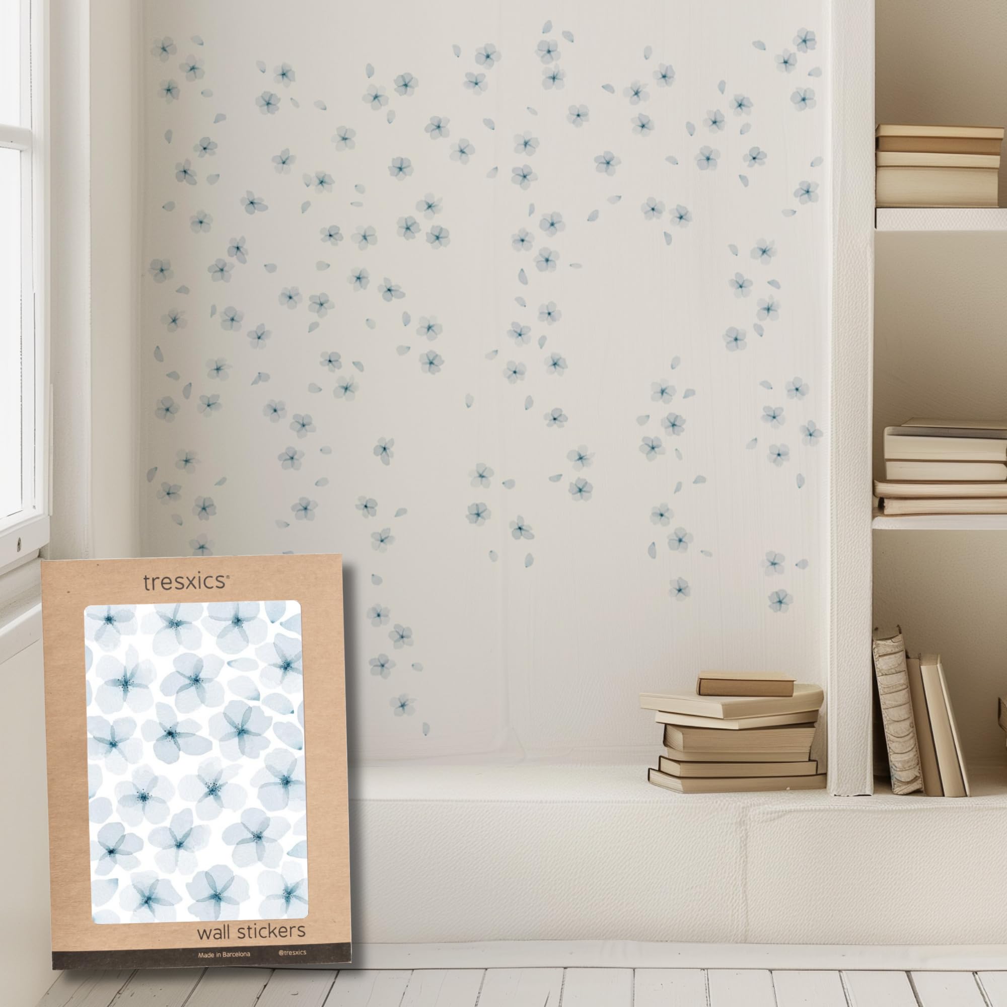 TRESXICS Decorative Wall Stickers Cherry Blossom Watercolour, 108 Flowers and 90 Petals, Original and Durable Vinyl Wall Sticker Wallpaper, Easy Application and Removable (Blue)