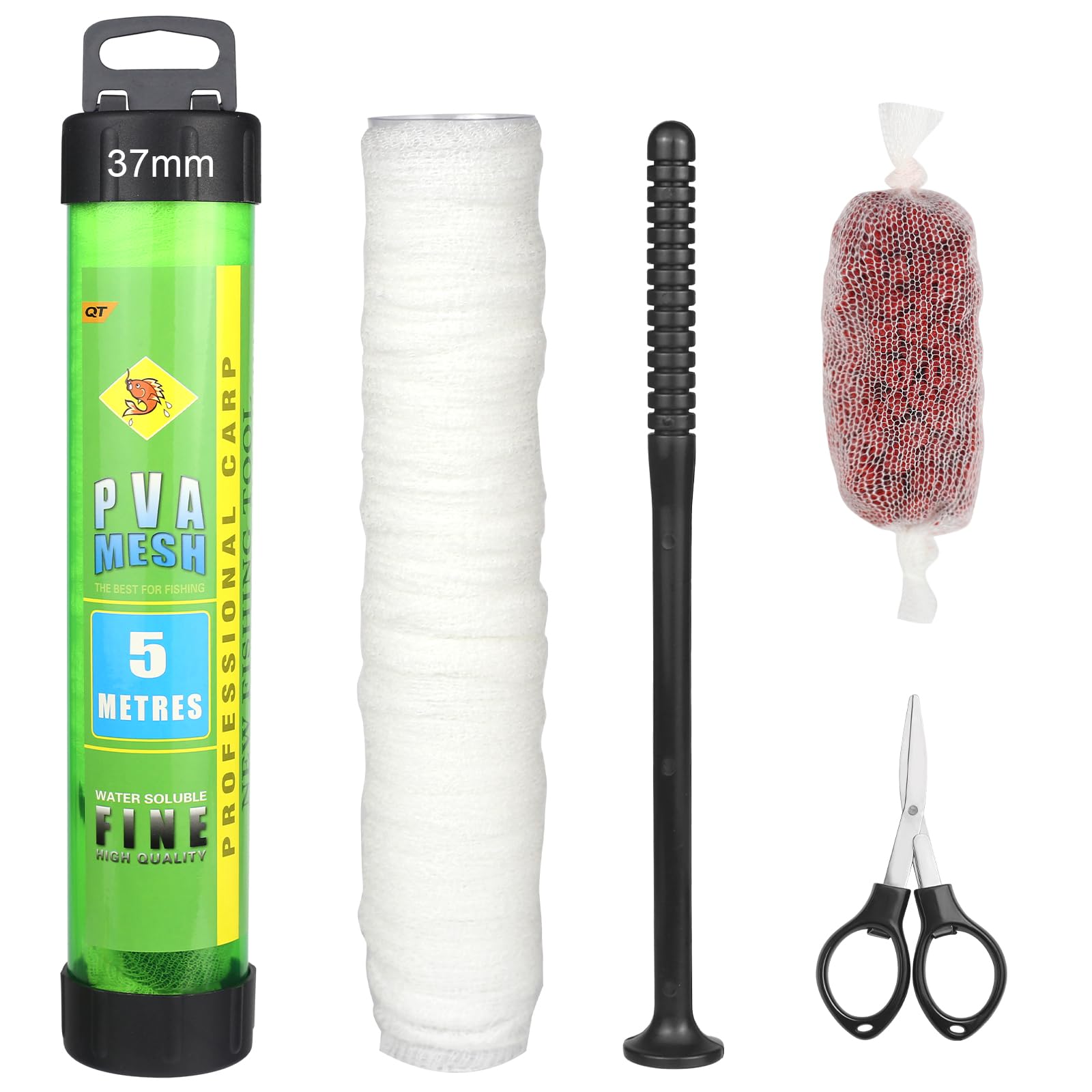 Annyswit 5m Pva Mesh Kit with Scissors & Funnel & Plunger System 18/25/37 mm Pva Bags Carp Fishing Accessories Carp Mesh Bags Fast Melt Fishing Refill for Boilie Bait Feeding Rig