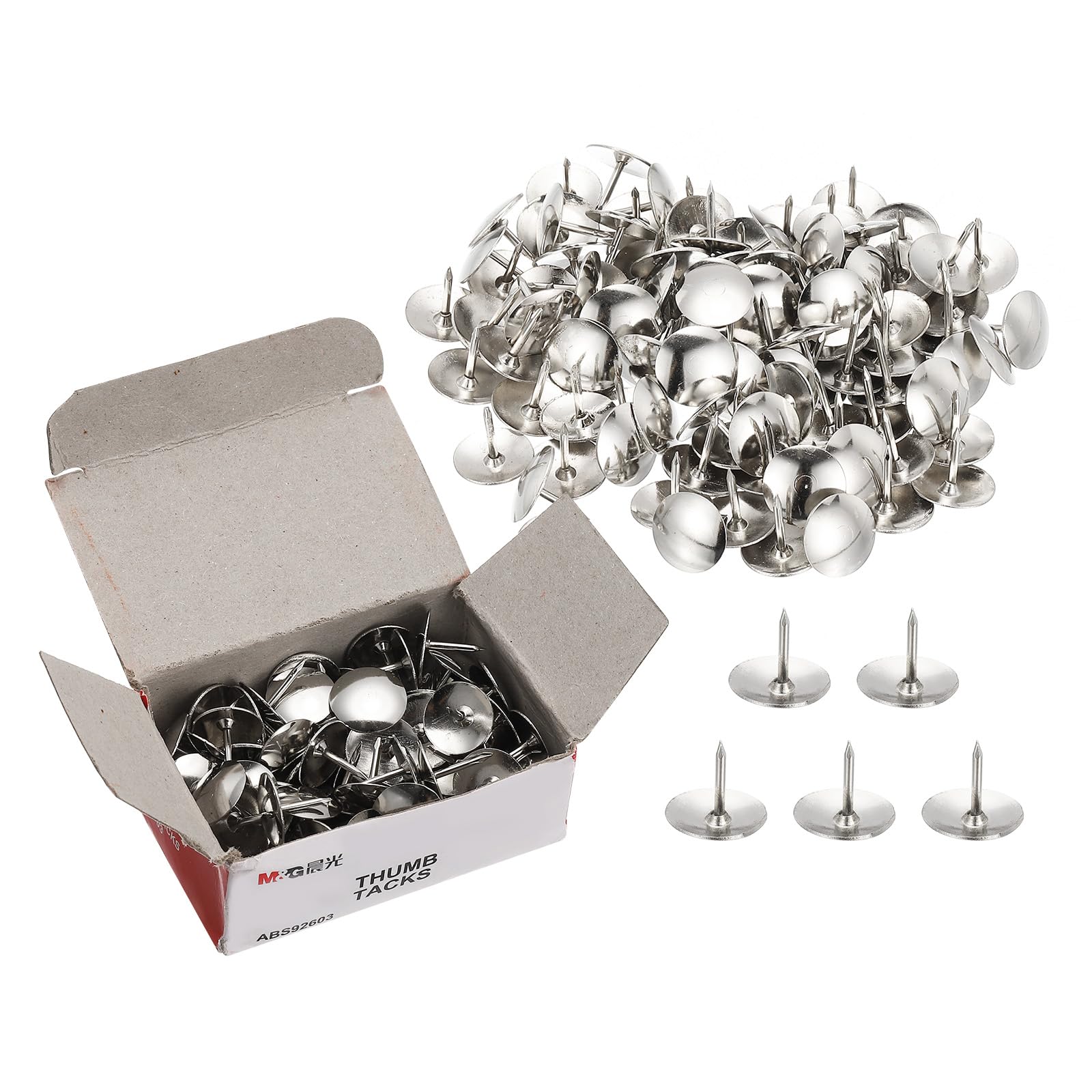 M&G 200 pcs Thumb Tacks, Push Pins Thumbtacks Strong Pushpins Rust proof Metal Steel Flat Head for Wall Cork Board Bulletin Board Wood Decorative, 2 Pack Paper Box, Silver Tone