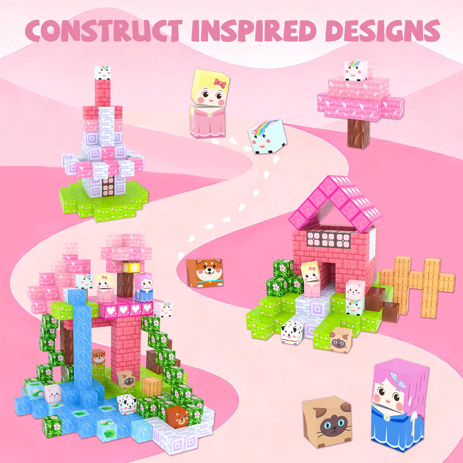 Winchoice 100PCS Magnetic Blocks Princess Building Toys for Girls 3+, Magnetic Cubes Sensory Gifts for Kids, Pink Magnet Blocks for Christmas Birthday, 1 Inch