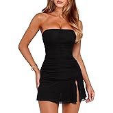 OZICERD Women Bodycon Tube Mini Dress Mesh Ruched Slit Going Out Dress Sexy Summer Short Rave Club Cocktail Party Dresses