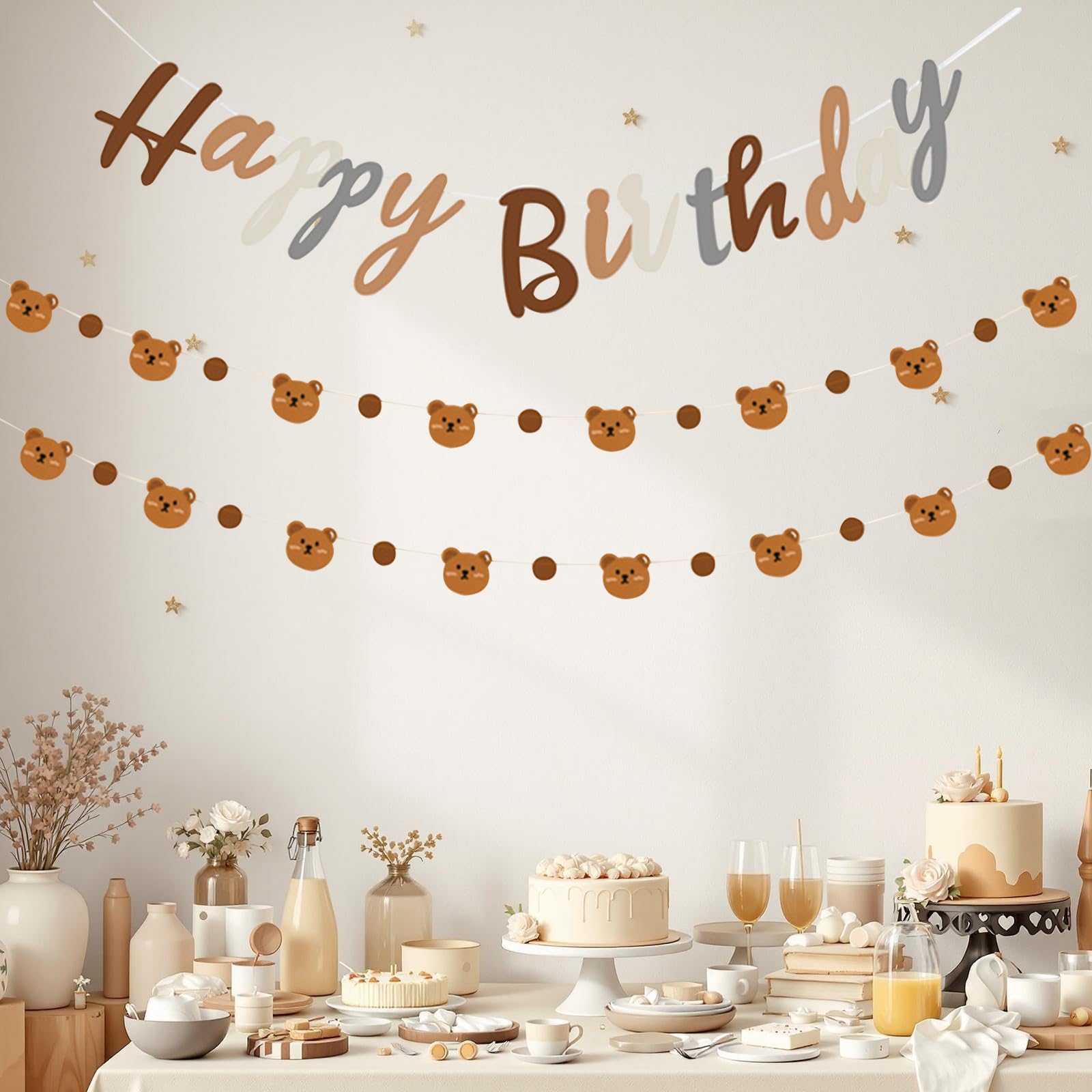 FOSDICK 1PCS Happy Birthday Banner & 1PCS Brown Bear Flag, Cute Birthday Decorations Paper Banner Bear Garland, Party Banners for Kids Boys Girls Baby Shower Nursery Room Decor