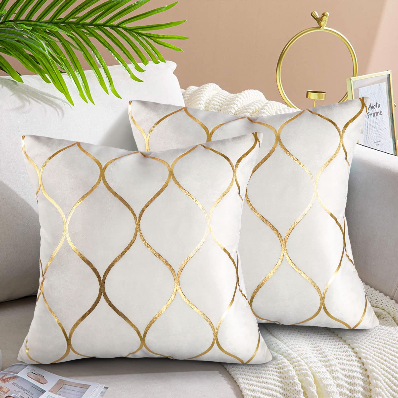 Hanrunsi Cushion Covers 16 x 16 White and Gold Velvet Decorative Cushions for Sofa 40 x 40 Throw Pillows Covers Set of 2 for Living room Bedroom